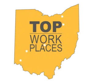 Outline of the state of Ohio with the phrase "Top Work Places"