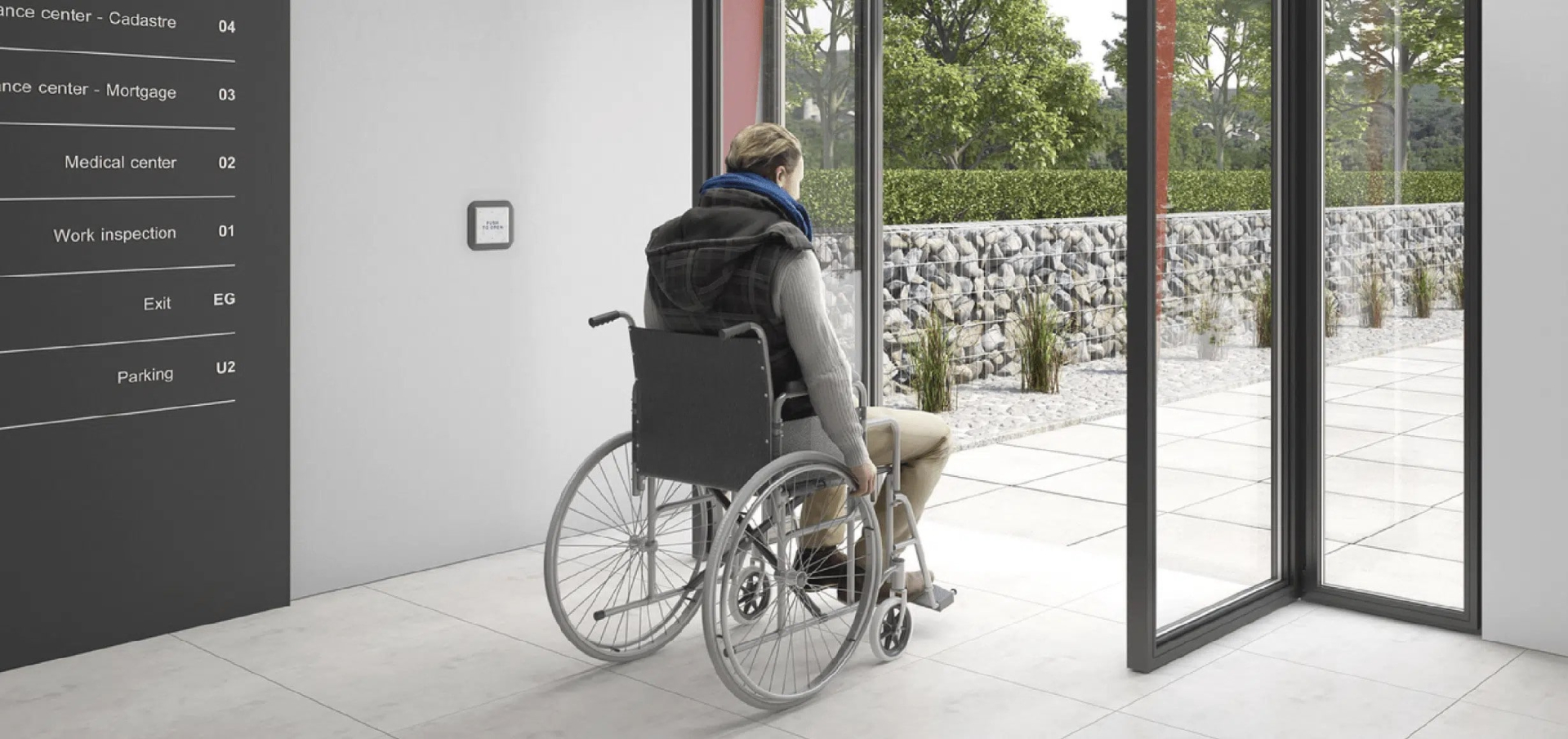 Person in a wheelchair going through automatic doors